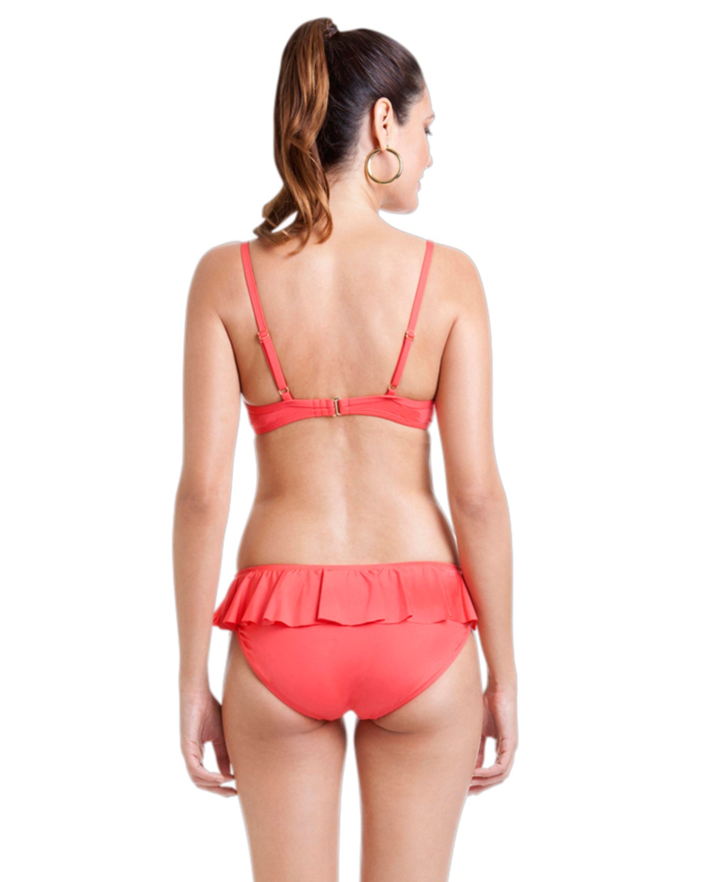 Full Suit Back View Of Cole of California Coral Core Solids Ruffle Hipster | COL CORAL