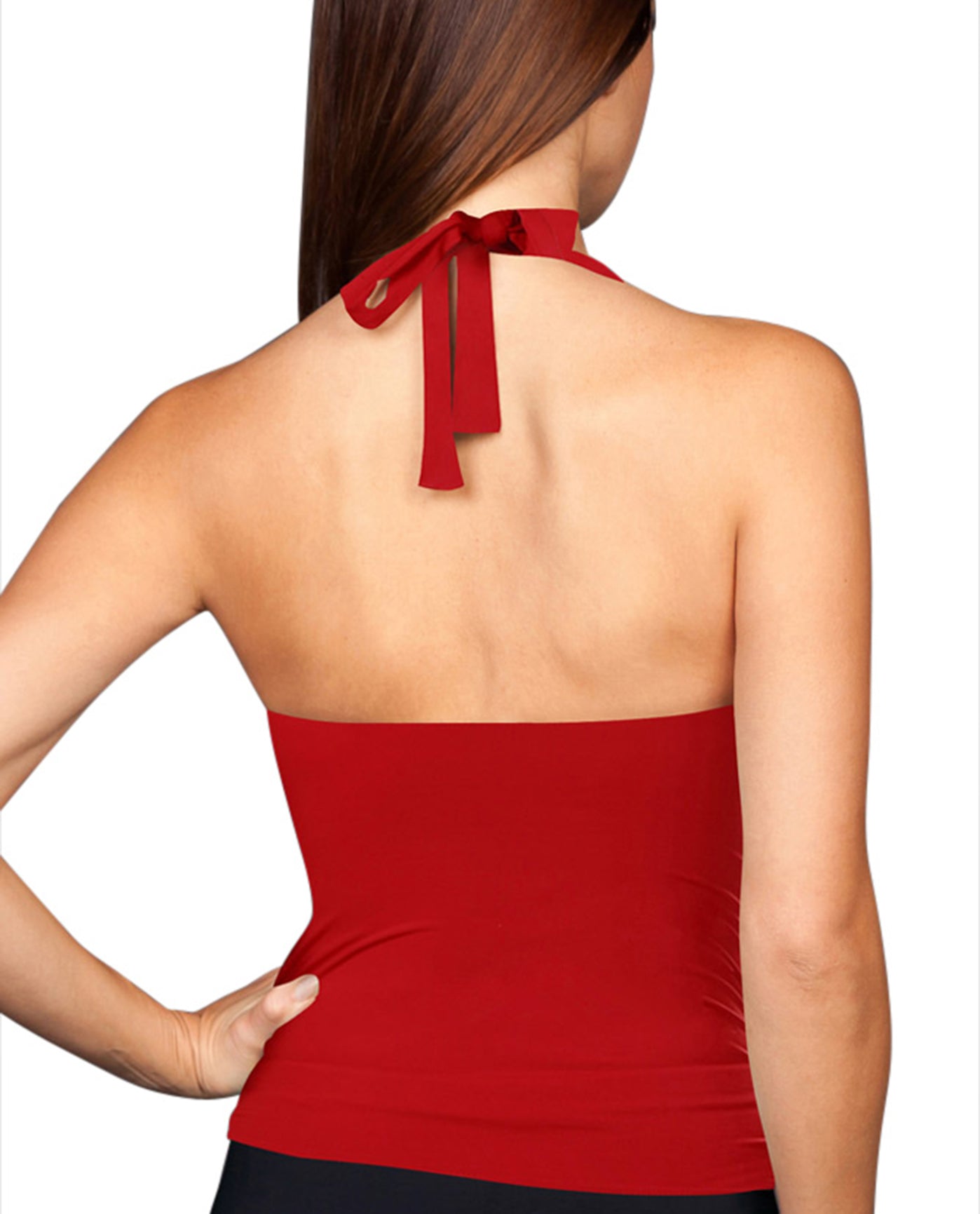 Back View Of Kallure Black Shirred Halter Tankini Top | KAL Red