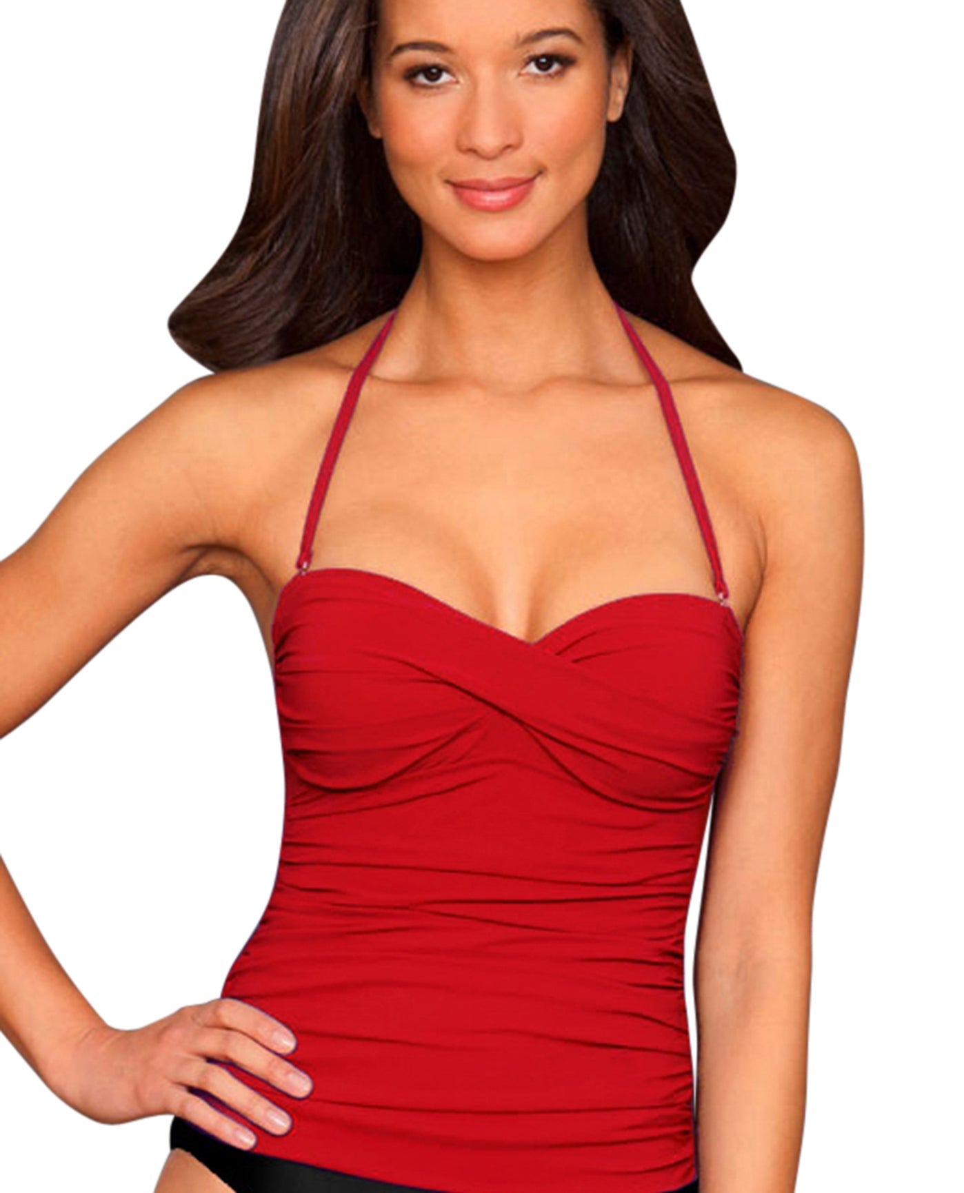Front View Of Kallure Twist Front Bandeau Tankini Top | KAL Red