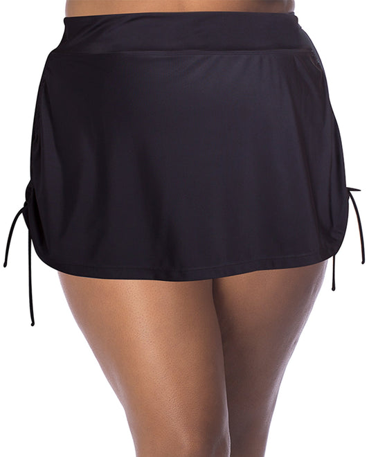 Front View Of Always For Me Black Plus Size Adjustable Sides Swim Skirt | AFM BLACK
