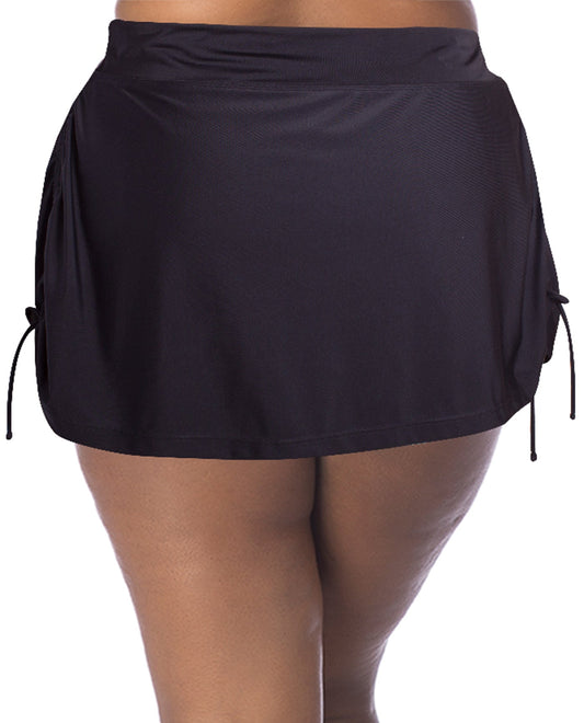Back View Of Always For Me Black Plus Size Adjustable Sides Swim Skirt | AFM BLACK