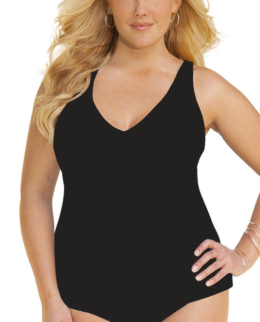Front View Of Always For Me Black Plus Size Ruched A-Line Tankini Top | AFM BLACK