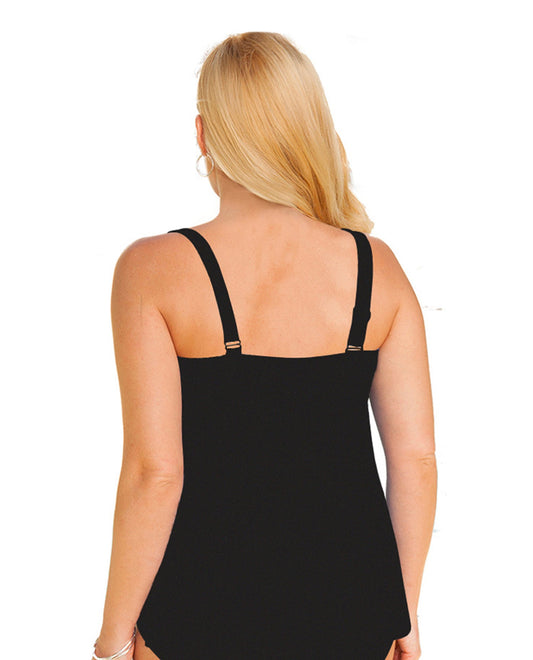 Back View Of Always For Me Black Plus Size Ruched A-Line Tankini Top | AFM BLACK