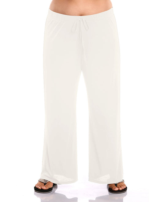 Front View Of Always For Me Plus Size Tie Front Lounge Beach Cover Up Pant | AFM WHITE