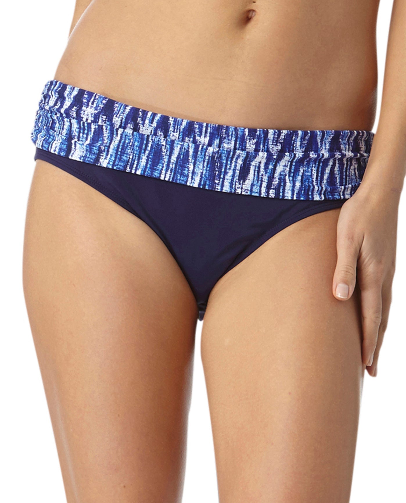 Front View Of Anne Cole Indigo Tide Foldover Mid-Rise Brief Swim Bottom | ANN INDIGO