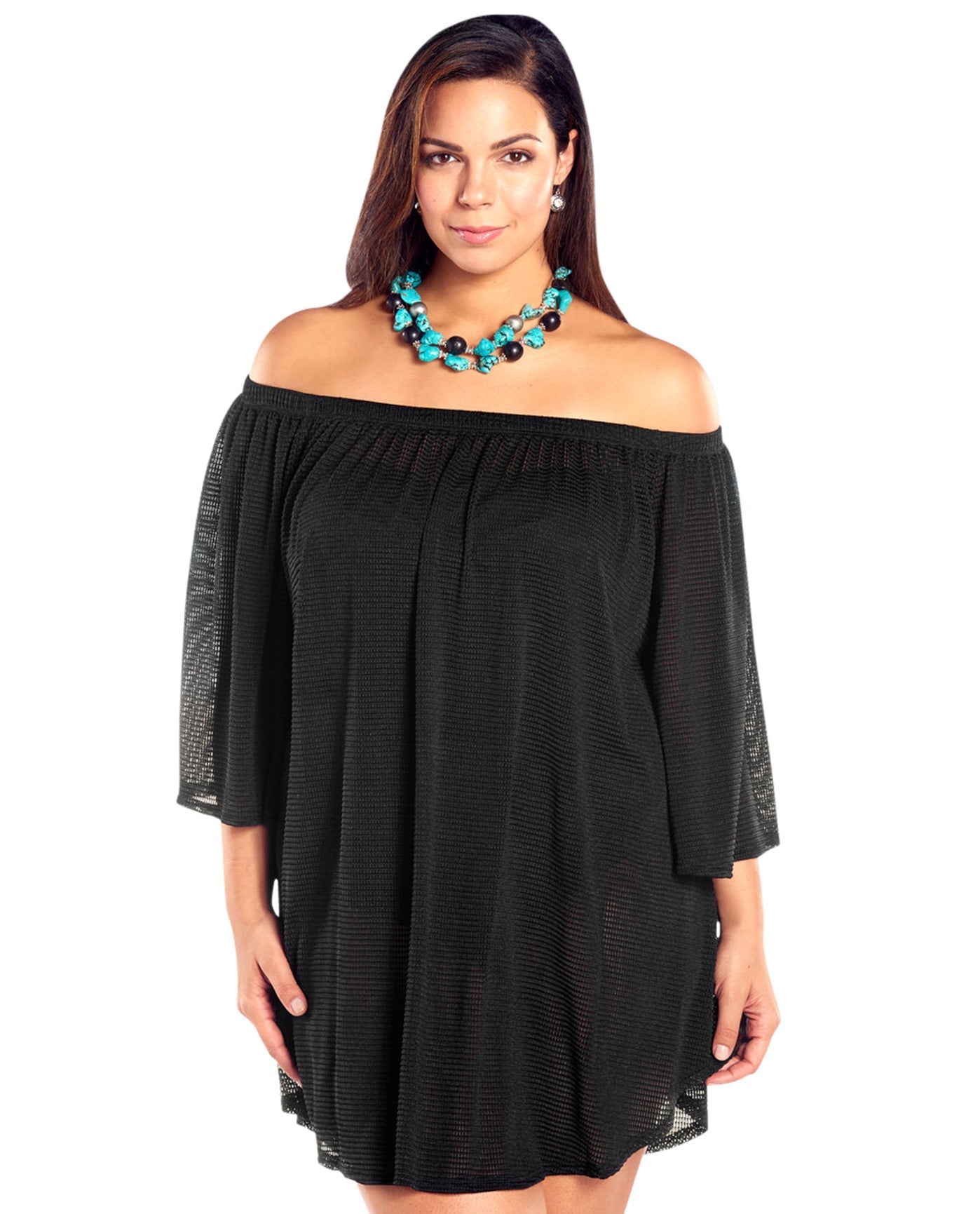 Front View Of Always For MePlus Size Off the Shoulder Cover Up Tunic | AFM BLACK