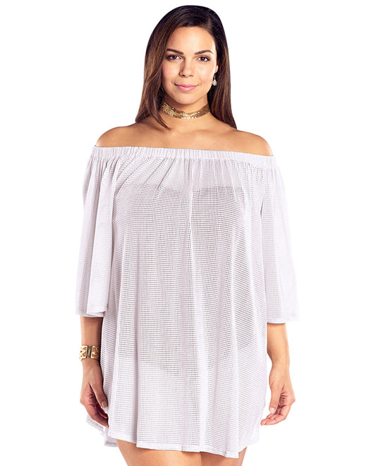 Front View Of Always For MePlus Size Off the Shoulder Cover Up Tunic | AFM WHITE
