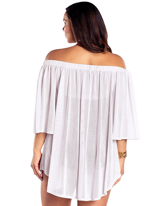 Back View Of Always For MePlus Size Off the Shoulder Cover Up Tunic | AFM WHITE