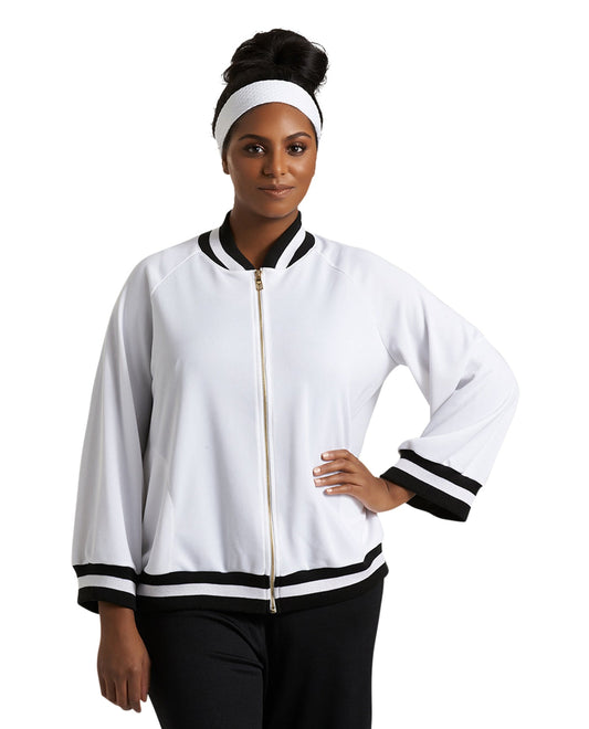 Front View Of Always For Me White Plus Size Hudson Bomber Jacket | AFM WHITE