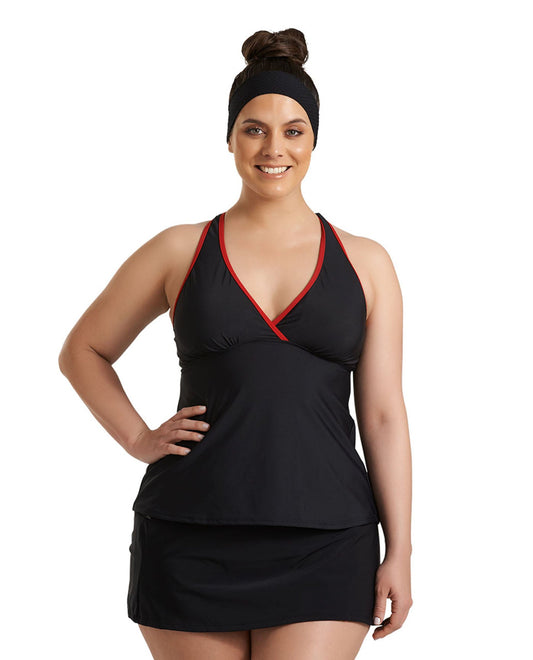 Front View Of Always For Me Black Plus Size Charlie Surplice Tankini Top | AFM BLACK