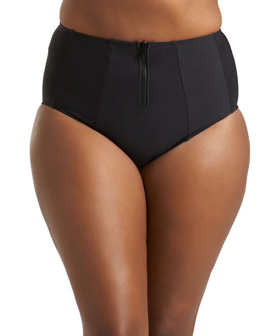 Front View Of Always For Me Black Plus Size Jax Zip Front Tankini Bottom | AFM BLACK