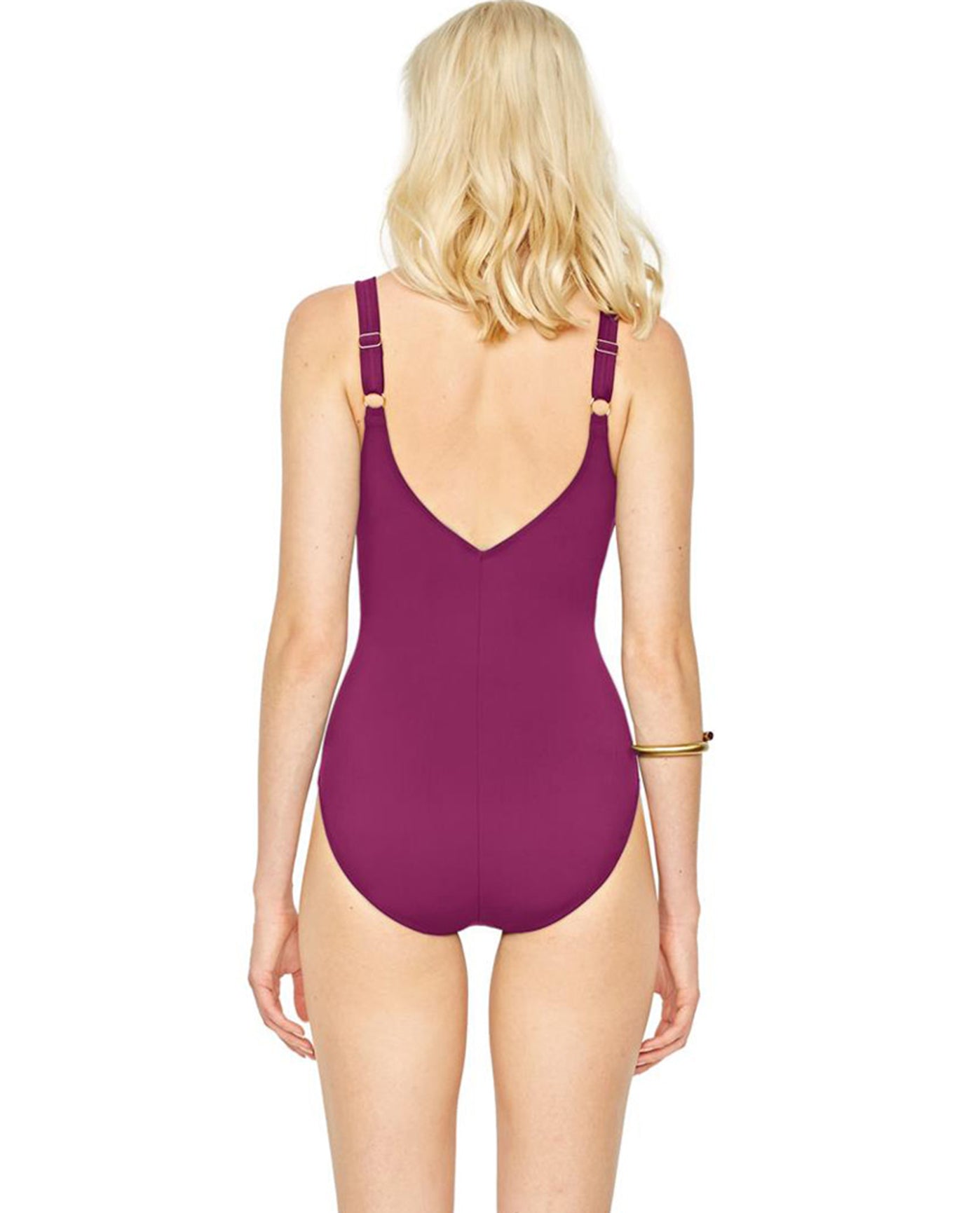 Back View Of Gottex Landscape Black Lace Up V-Neck High Back One Piece Swimsuit | GOT Cranberry