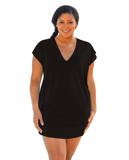Front View Of Always For Me Black Plus Size Jersey Cut Out Cover Up Dress | AFM BLACK