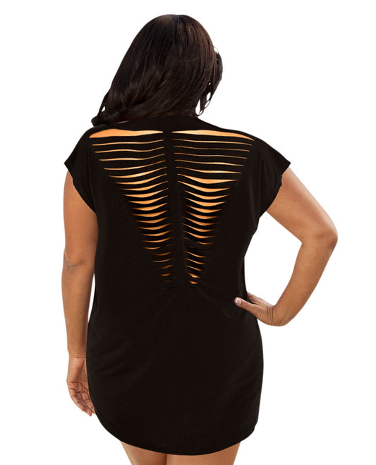 Back View Of Always For Me Black Plus Size Jersey Cut Out Cover Up Dress | AFM BLACK