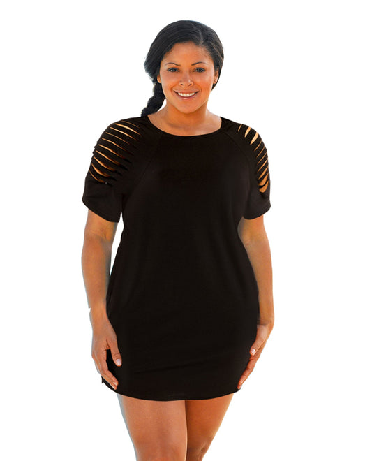 Front View Of Always For Me Black Plus Size Jersey Cut Out Cover Up Dress | AFM BLACK