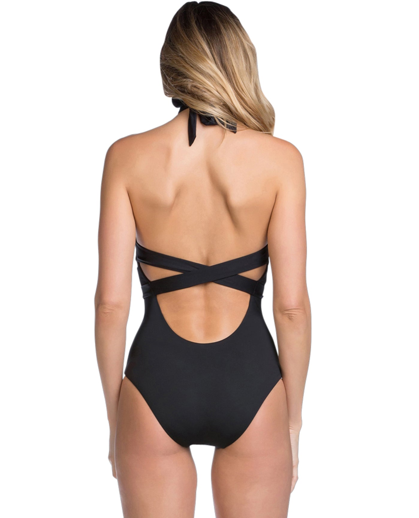 Back View Of Becca by Rebecca Virtue Black Socialite High Neck Plunge Sash One Piece Swimsuit | BEC Black