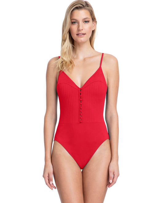 Front View Of Gottex Collection Bardot Black V-Neck One Piece Swimsuit | GOT Bardot Red
