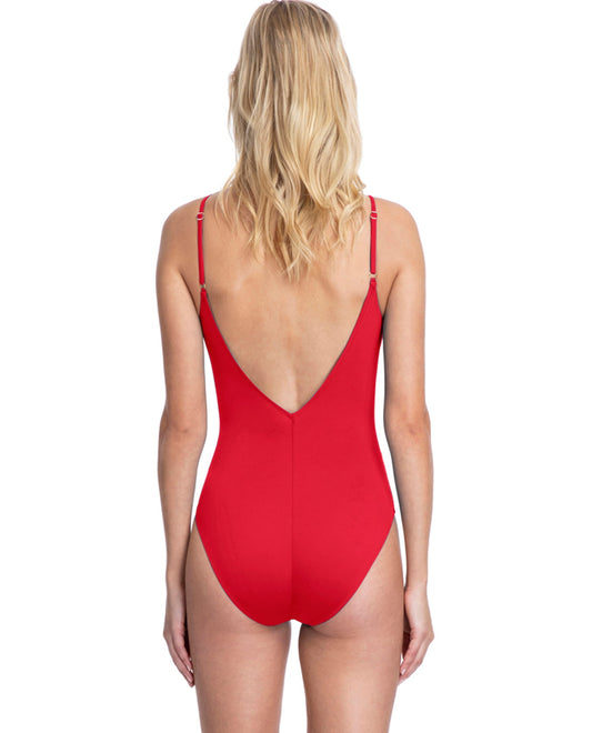 Back View Of Gottex Collection Bardot Black V-Neck One Piece Swimsuit | GOT Bardot Red