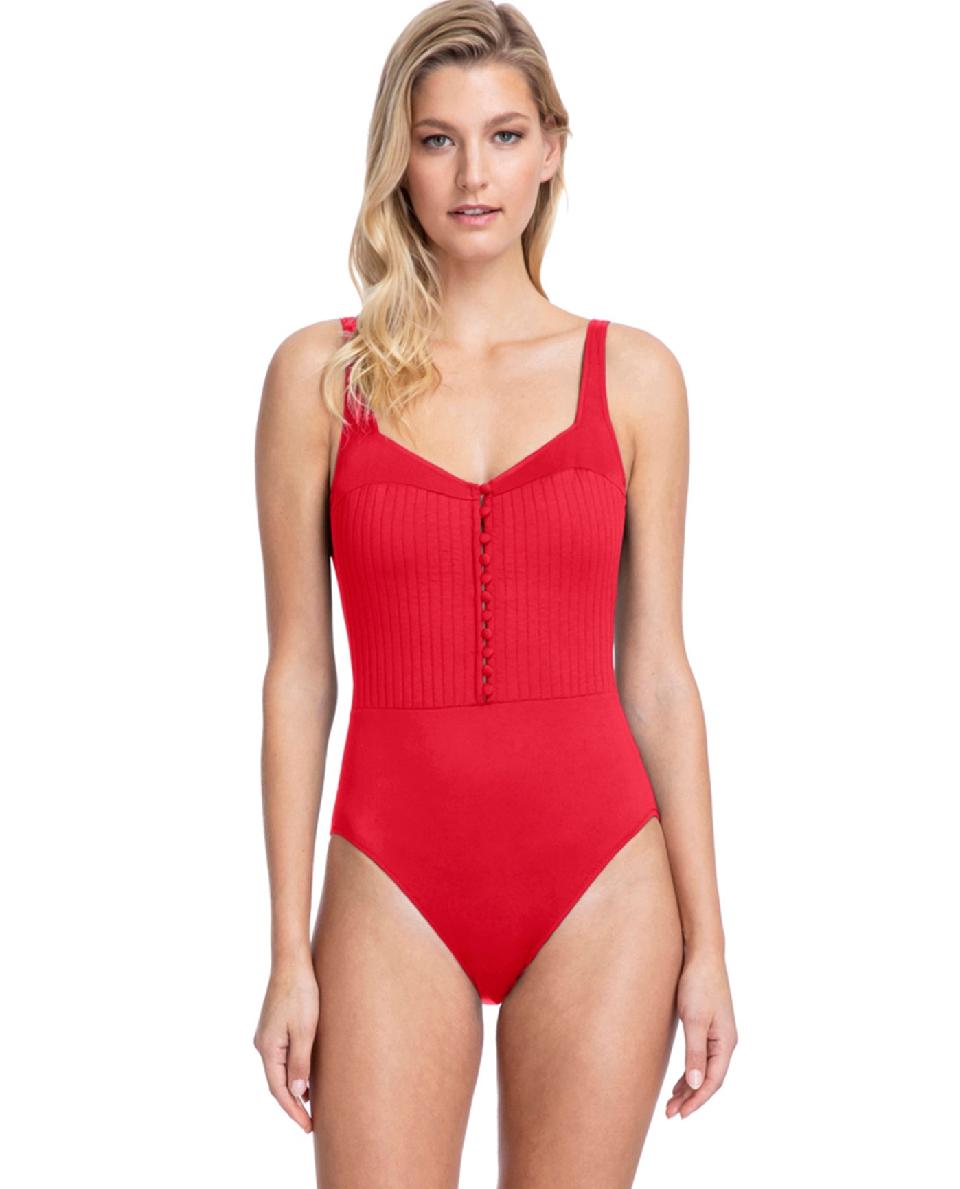 Front View Of Full Coverage Gottex Collection Bardot  Square Neck High Back One Piece Swimsuit | GOT Bardot Red