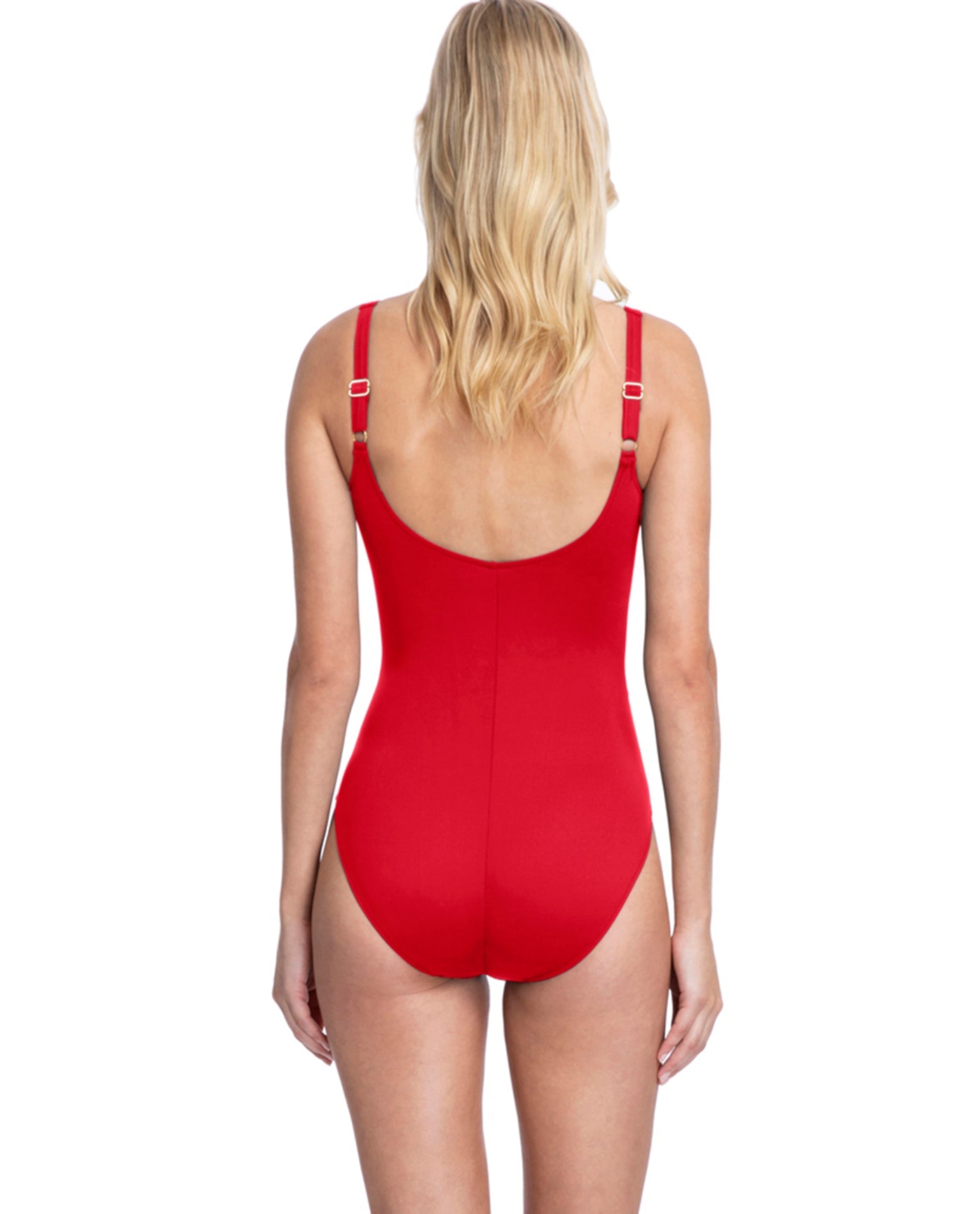 Back View Of Full Coverage Gottex Collection Bardot  Square Neck High Back One Piece Swimsuit | GOT Bardot Red