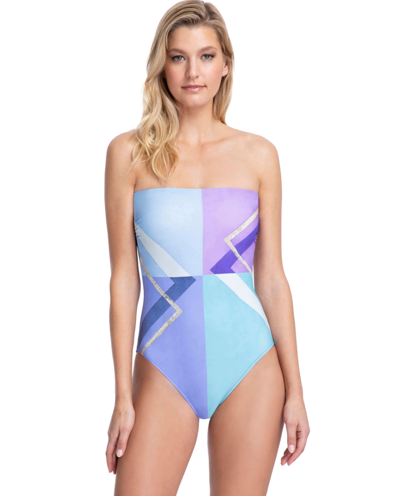 Front View Of Gottex Collection Modern Art Blue Bandeau Strapless One Piece Swimsuit | GOT Modern Art