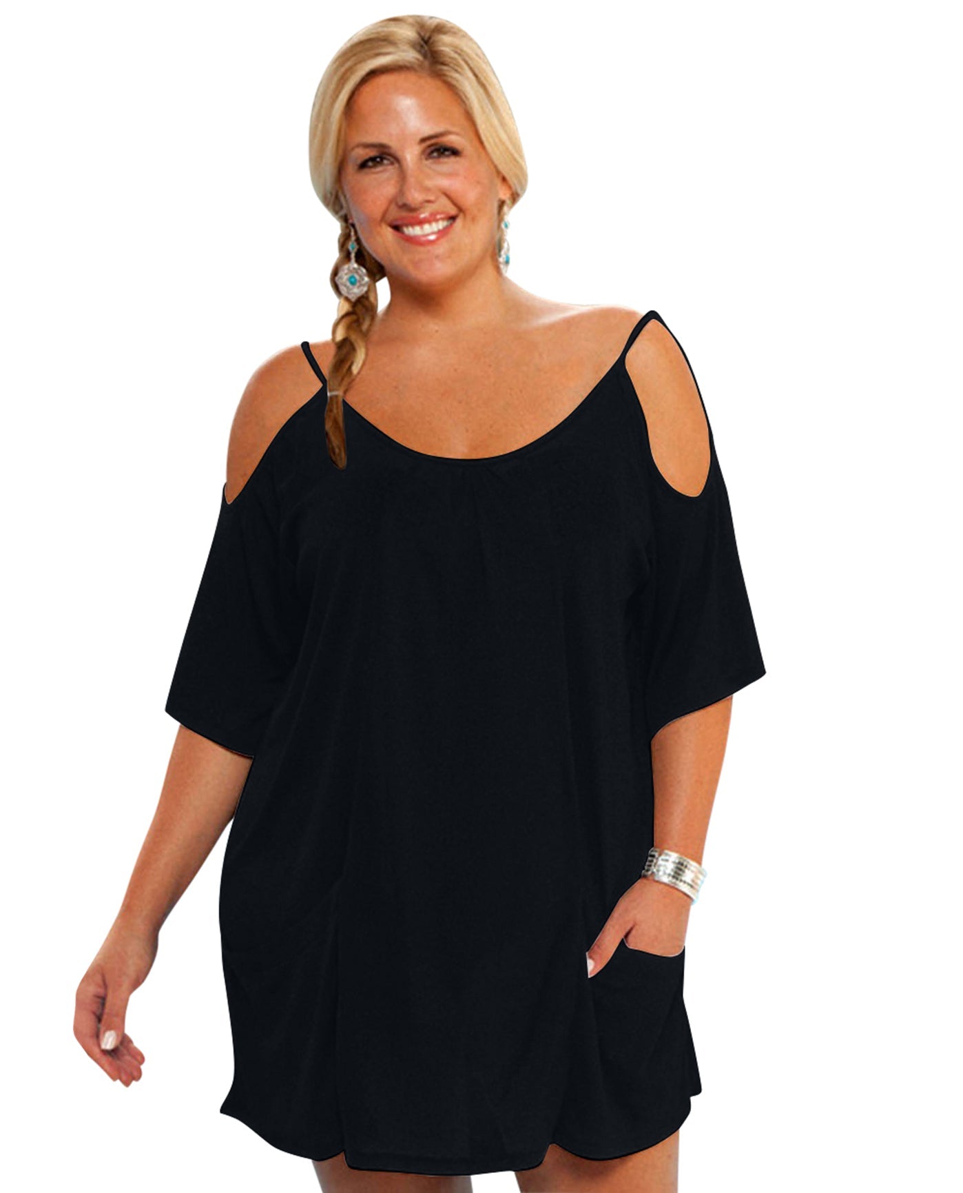 Front View Of Always For Me Plus Size Open Shoulder Cover Up Tunic | AFM BLACK