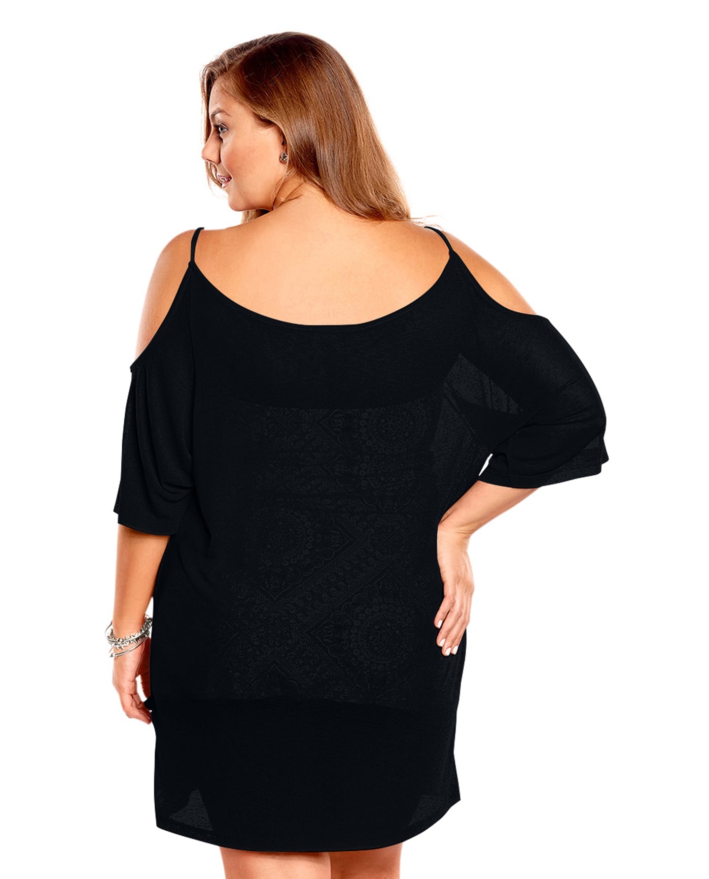 Back View Of Always For Me Plus Size Open Shoulder Cover Up Tunic | AFM BLACK
