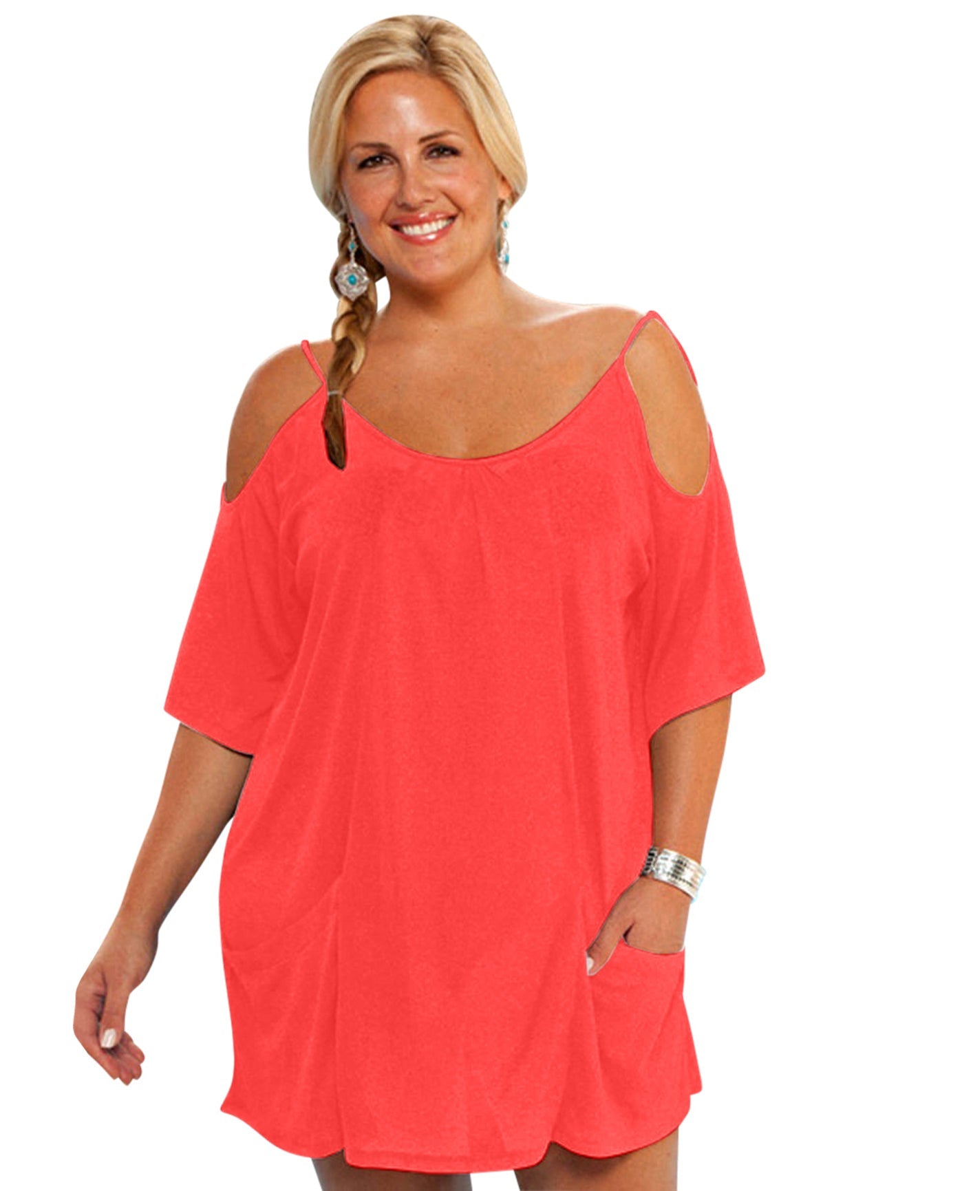 Front View Of Always For Me Plus Size Open Shoulder Cover Up Tunic | AFM CORAL