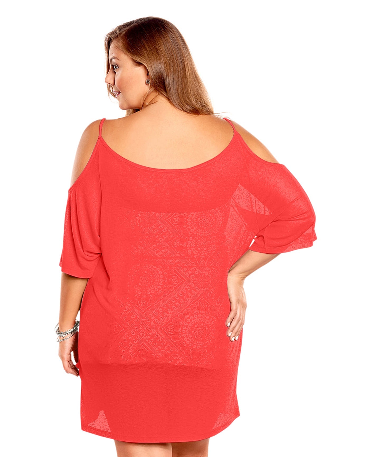 Back View Of Always For Me Plus Size Open Shoulder Cover Up Tunic | AFM CORAL