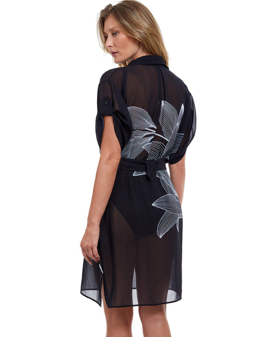 Back View Of Gottex Essentials Fine Line Black and White Cover Up Blouse Dress | GOT Fine Line