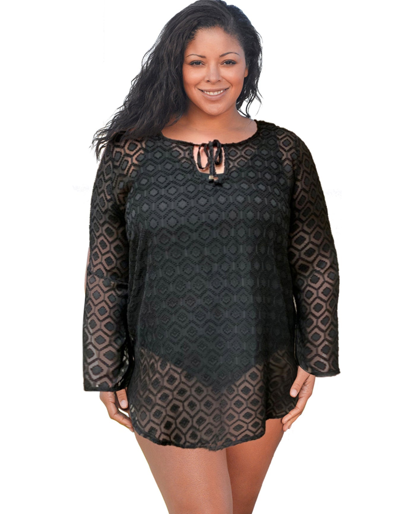 Front View Of Always For Me Plus Size Long Sleeve V-Neck Tunic | AFM BLACK