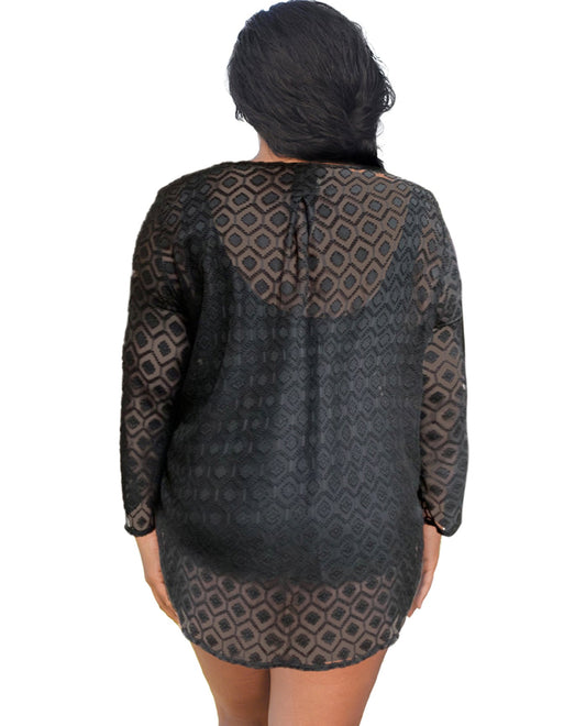 Back View Of Always For Me Plus Size Long Sleeve V-Neck Tunic | AFM BLACK