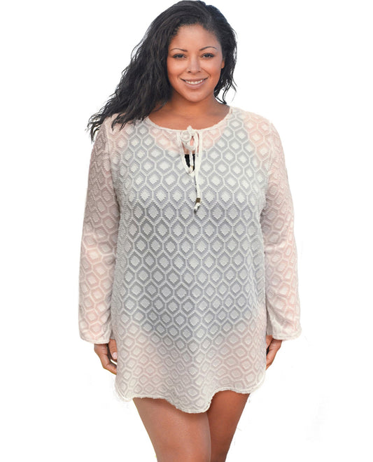Front View Of Always For Me Plus Size Long Sleeve V-Neck Tunic | AFM WHITE
