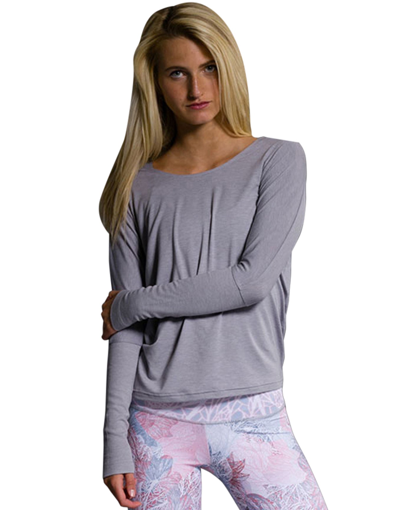 Front View Of Onzie Drapey V-Back Long Sleeve Top | ONZ STONE GRAY