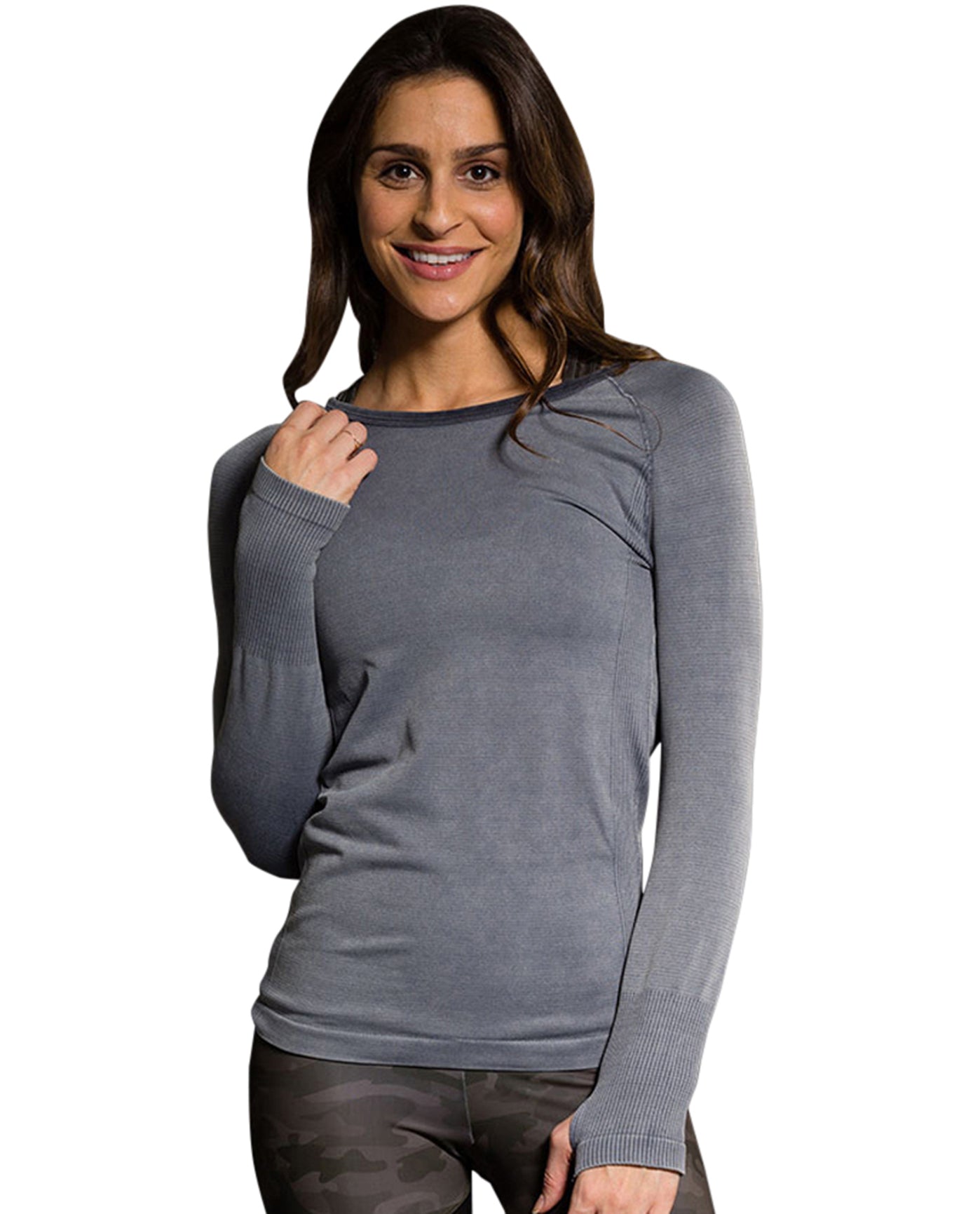 Front View Of Onzie Slate Grey Seamless Stonewash Long Sleeve Top | ONZ GREY