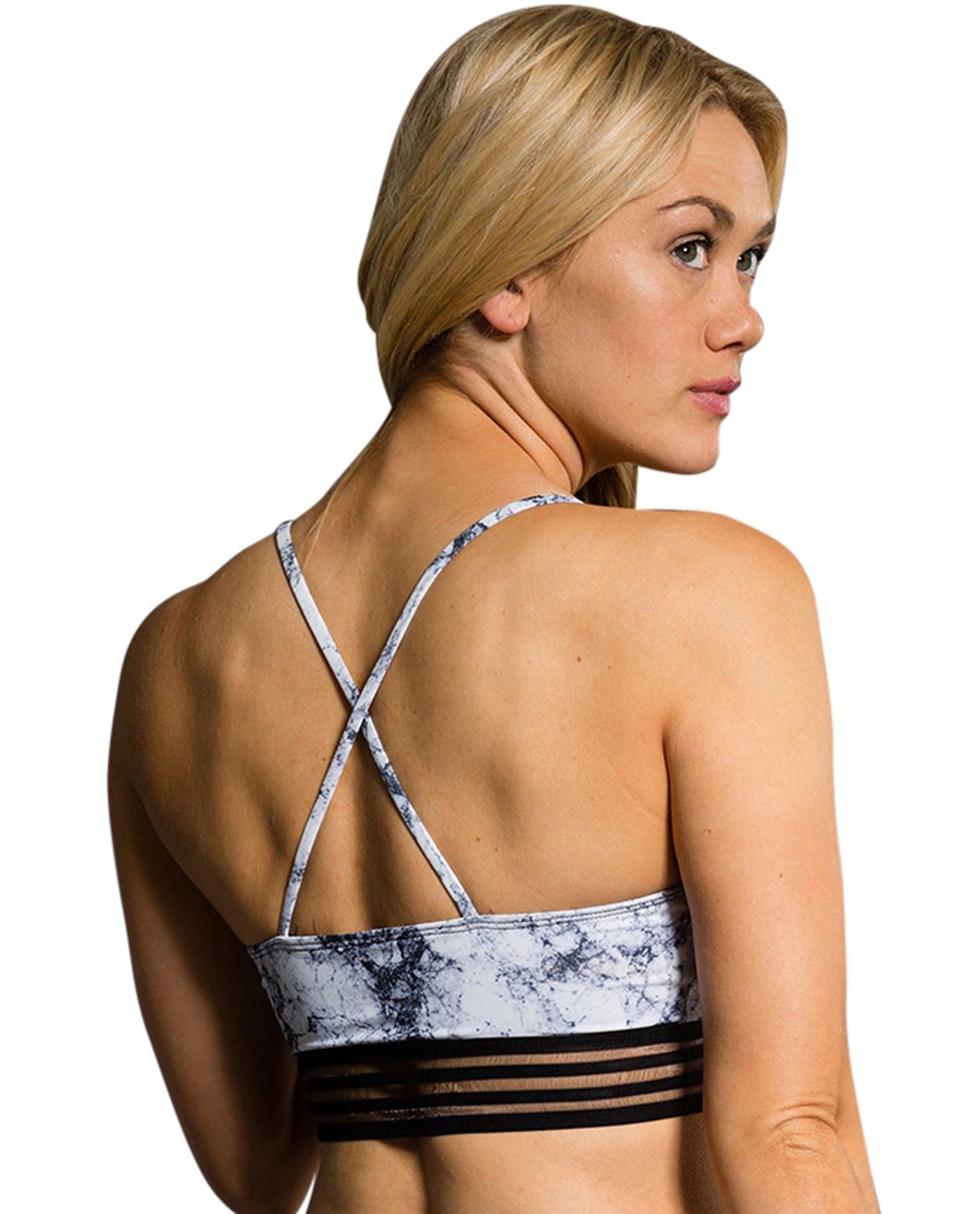 Back View Of Onzie White Marble Ritz Low Impact Sports Bra | ONZ WHITE MARBLE
