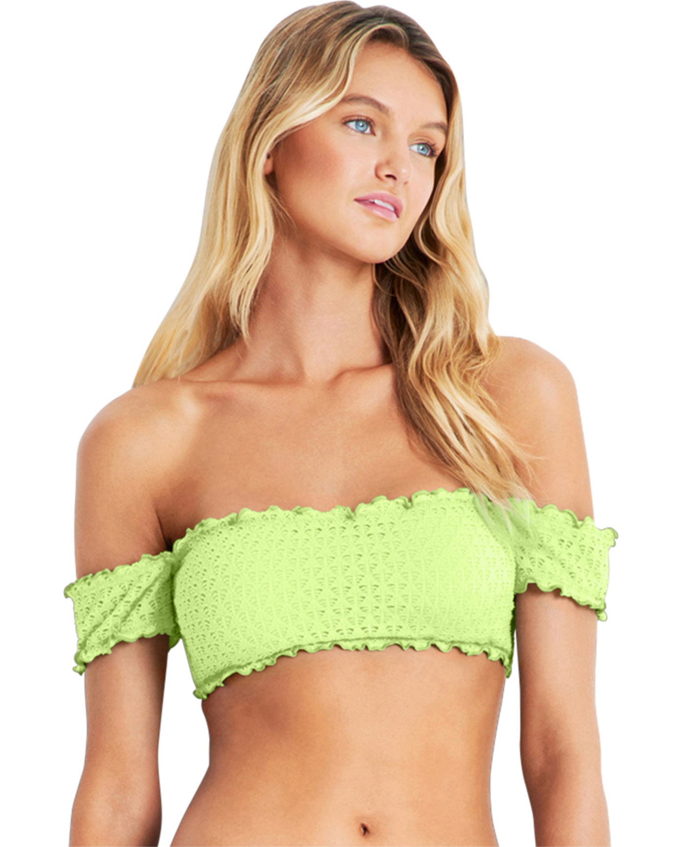 Front View Of Seafolly Off The Shoulder Bikini Top | SEA NEON GREEN