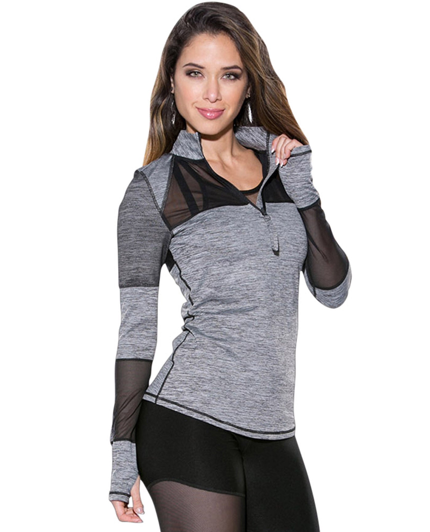 Front View Of TLF Apparel Muse Graphite Heather Bardot Mesh Panel Long Sleeve Top | TLF GRAPHITE
