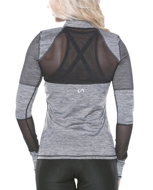 Back View Of TLF Apparel Muse Graphite Heather Bardot Mesh Panel Long Sleeve Top | TLF GRAPHITE