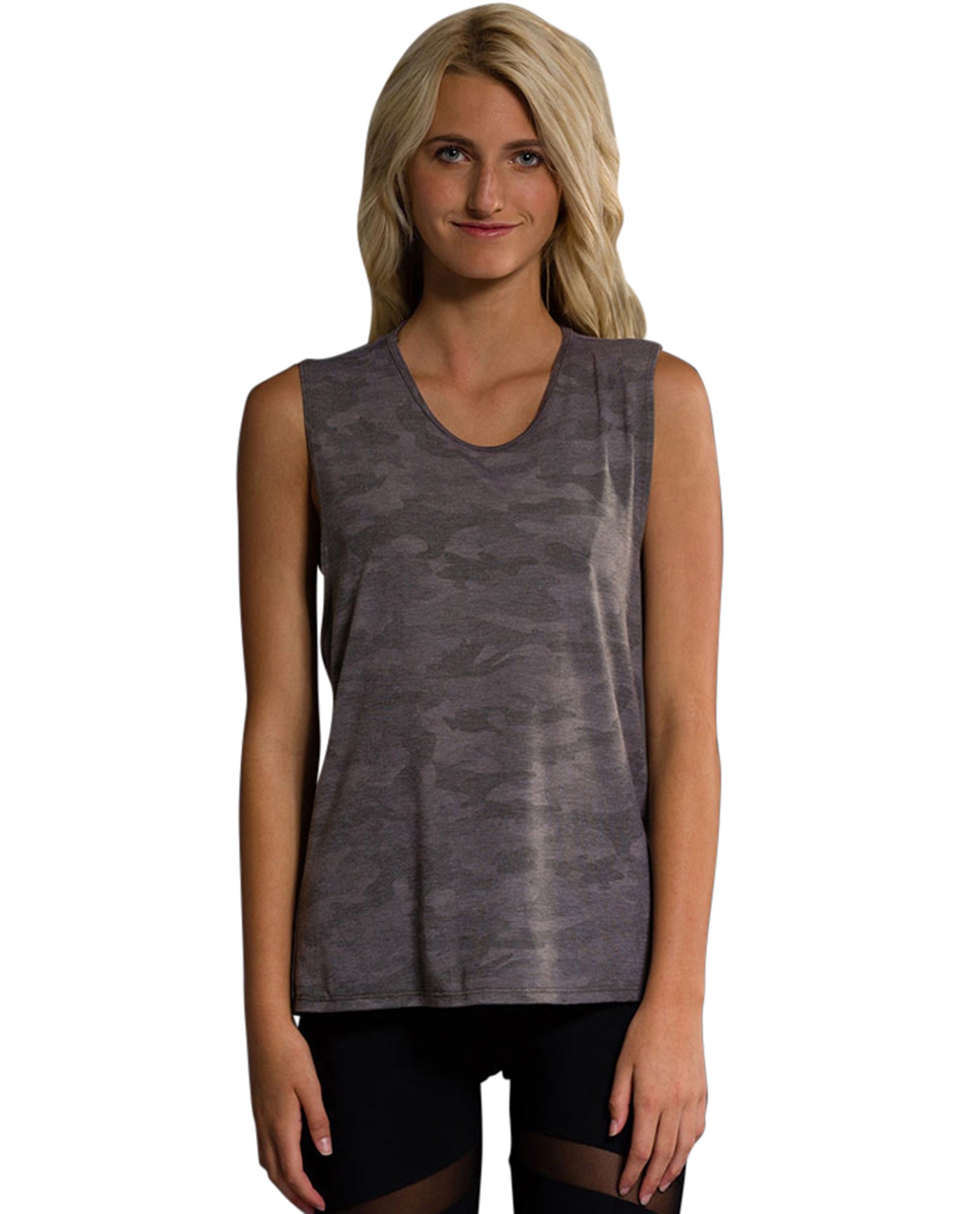 Front View Of Onzie Twist Back Tank Top | ONZ MOSS CAMO