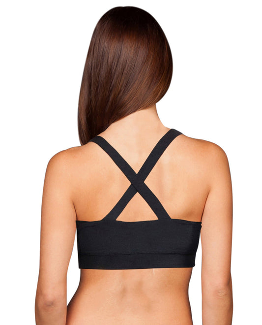 Back View Of TLF Apparel Prima Black Strappy Devant Low Impact Bra | TLF BLACK