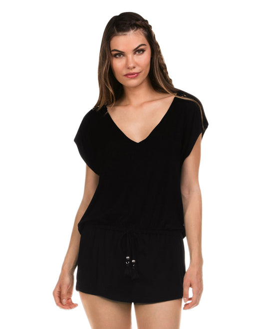 Front View Of Isabella Rose Lolita Cowl Back Crochet Tunic | ISA Black