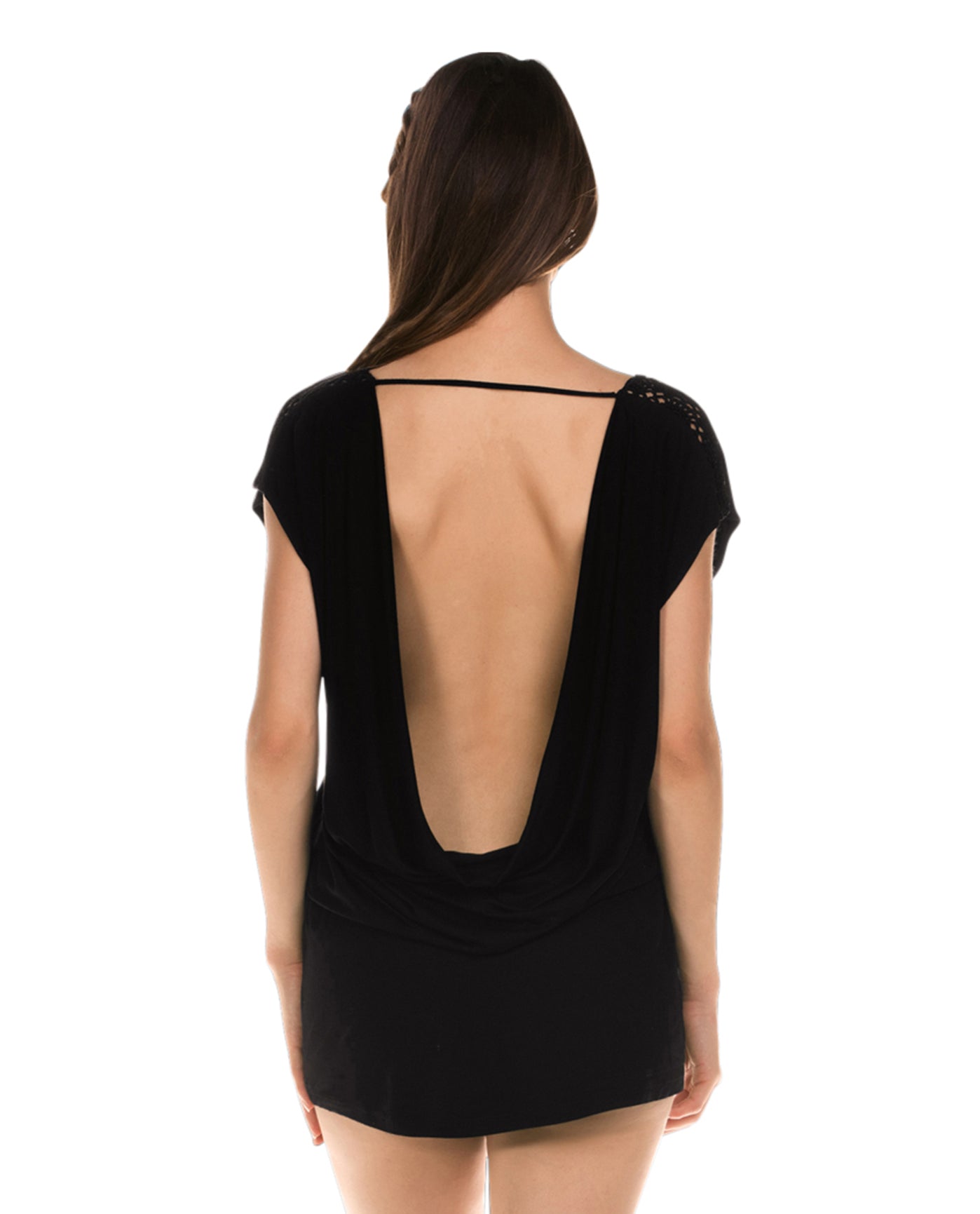 Back View Of Isabella Rose Lolita Cowl Back Crochet Tunic | ISA Black