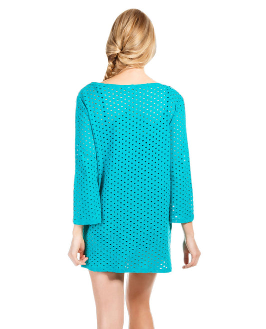 Back View Of Eco Swim Jacquard 3/4 Sleeve Tunic | ECO Surf