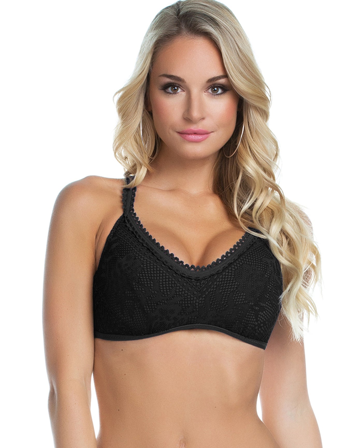 Front View Of Becca by Rebecca Virtue Prairie Rose F-Cup (DDD-Cup) Ladder Back Bralette Bikini Top | BEC Prairie Rose Black