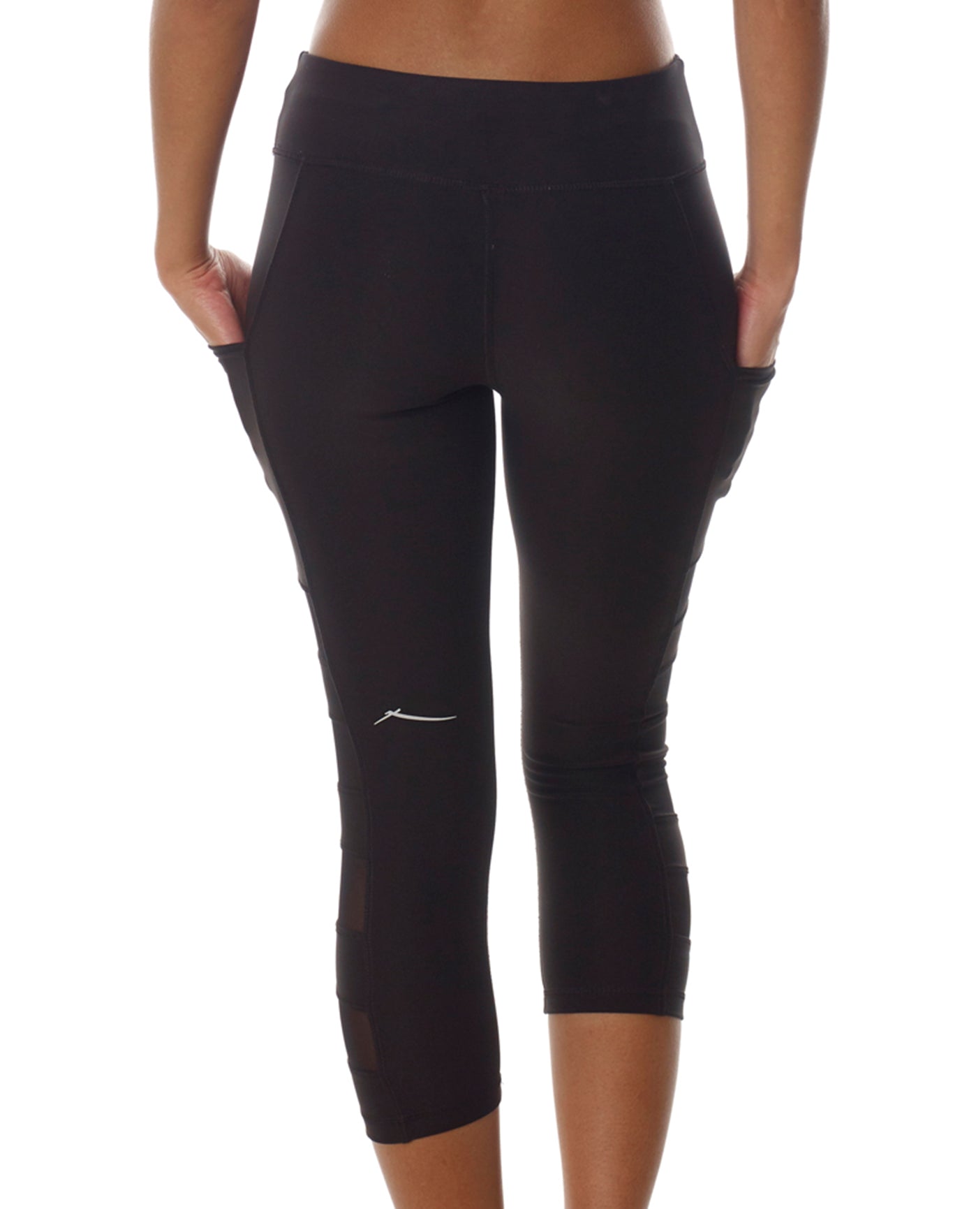 Back View Of X by Gottex Mesh Sides High Waisted Captain Capri Legging with Pocket | XGX BLACK