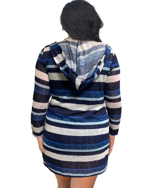 Back View Of Always For Me Striped Plus Size Long Sleeve Hooded Cover Up Tunic | AFM BLUE STRIPE