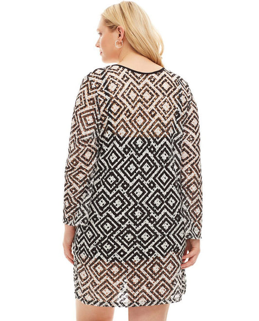 Back View Of Always For Me Black and White Geo Pattern Plus Size Long Sleeve V-Neck Tunic | AFM GEO