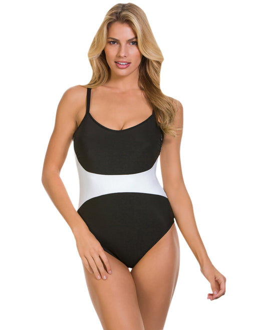 Front View Of Magicsuit Black White Color Block Serena One Piece Swimsuit  | MAG Black White