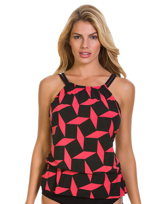 Front View Of Magicsuit Gridlock Jodi High Neck Underwire Tankini Top  | MAG Coral